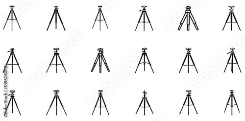 Complete vector tripod icon pack, minimalist silhouettes, isolated, perfect for photography, video, and branding projects.