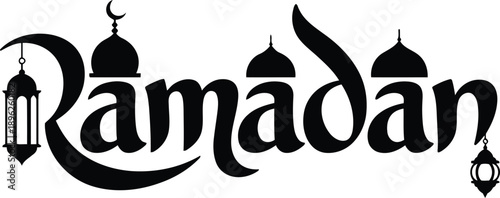 Elegant black calligraphy spells Ramadan with mosque domes, a crescent moon, and two decorative lanterns