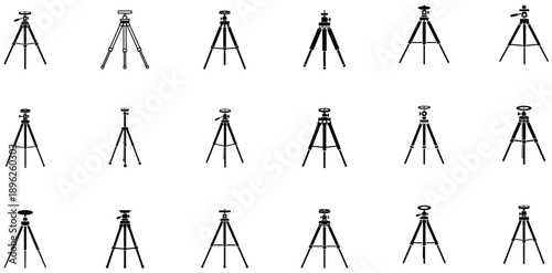 Professional camera tripod vector silhouettes, isolated on transparent background, perfect for editorial, web, and digital design projects.