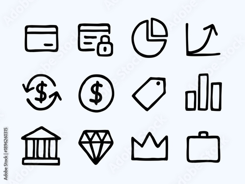 financial symbols currency bank data money business icons doodle