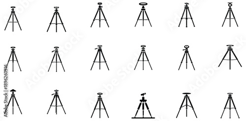 Set of minimalist silhouette camera tripods, isolated vectors, ready for web, app, or print projects, professional and clean design.