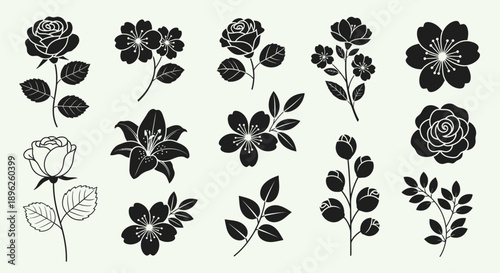 Black rose and lily flower silhouettes with leaf accents.