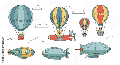 Colorful hot air balloons airplanes and airships float among fluffy clouds