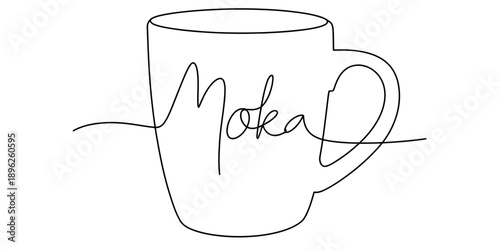 Minimalist continuous line art illustration of a coffee mug with 'moka' inscription