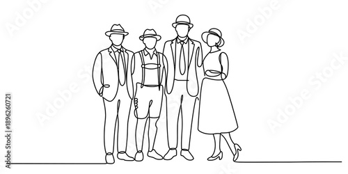 Continuous line art drawing featuring four people dressed in retro-style clothing and hats