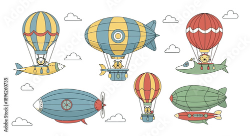 Colorful hot air balloons airplanes and airships float among fluffy clouds