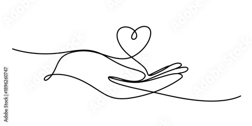 A single line drawing of a hand holding a delicate heart shape, symbolizing love and care