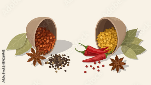 Spices and peppercorns spilling from containers onto leaves and scattered around various spices on a neutral background