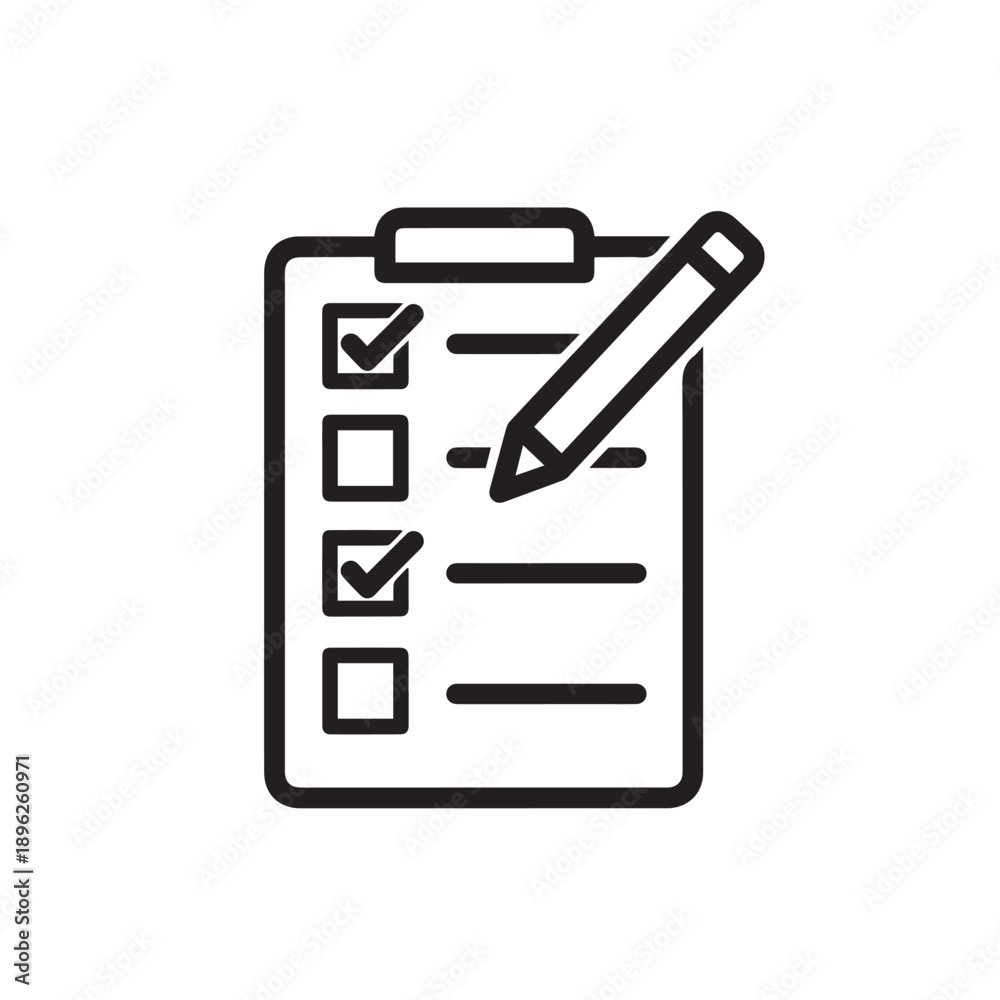 Fototapeta premium Minimalist icon of a clipboard with a checklist, pencil, and checkmarks. Represents tasks, planning, and completion.