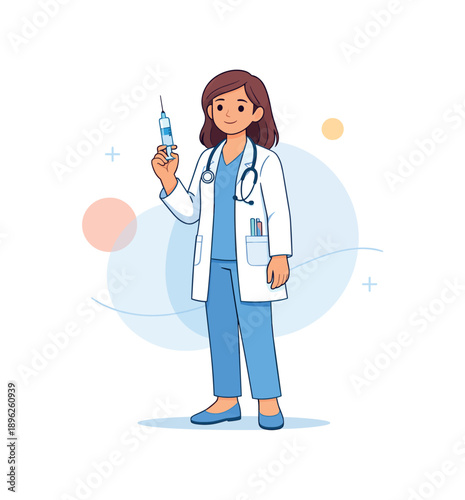 Female doctor holding syringe in medical attire, flat vector illustration