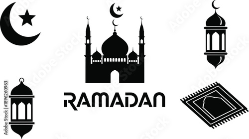 Ramadan Kareem Islamic vector set, mosque silhouette with crescent moon, lantern hanging lamps, prayer rug and star religious holiday icons.