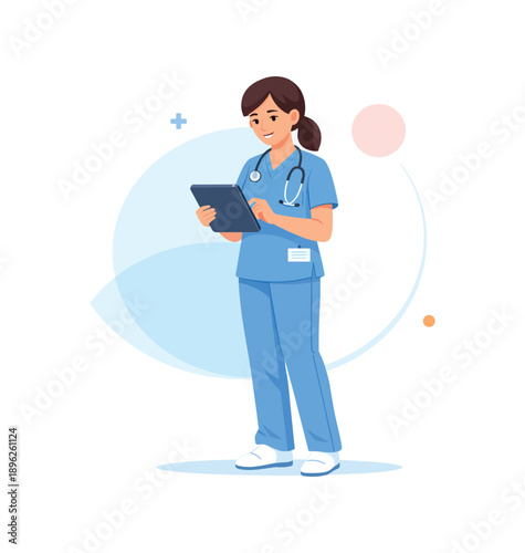 Nurse in scrubs with tablet and stethoscope, flat vector illustration