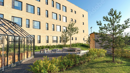 Modern school courtyard with landscaped garden seating area greenhouse young trees beside contemporary educational building, safe outdoor campus space supporting learning community sustainability