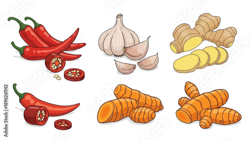 Assorted spices and ingredients arranged together showcasing vibrant colors and textures