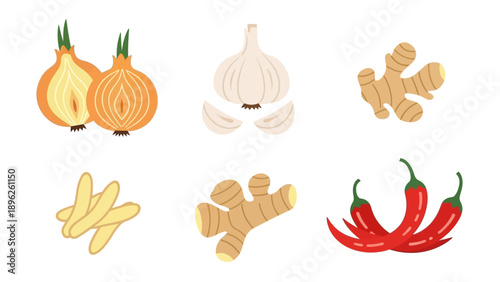 Assorted spices and ingredients arranged on a white background from a top-down viewpoint
