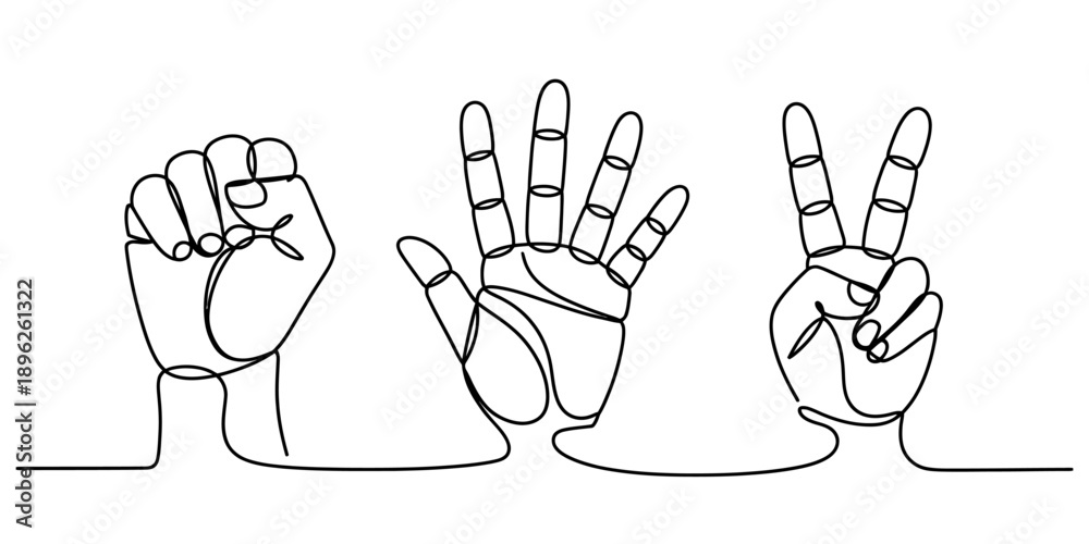 Fototapeta premium Continuous line art drawing showing rock paper scissors hand gestures Vector, illustration