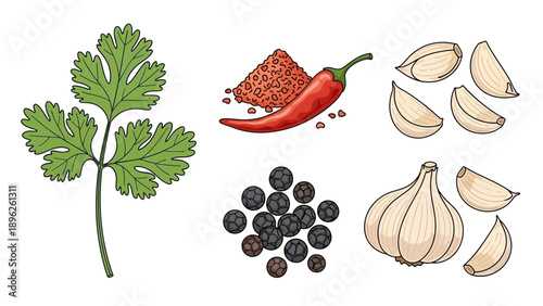 Assorted ingredients including parsley, chili, peppercorns, and garlic cloves arranged on a clean background