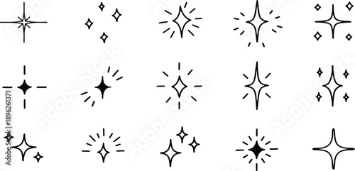 Minimalist vector sparkle icons set, magic twinkling star elements, glowing shine symbols, decorative glitter bursts, clean line art for graphic design.