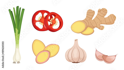 Assorted ingredients including ginger, garlic, spring onion, potato, and pepper arranged neatly on a plain surface from a top-down viewpoint