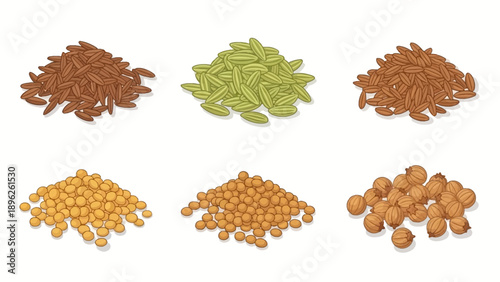 Assorted piles of various textured foods displayed on a clean surface from a direct viewpoint