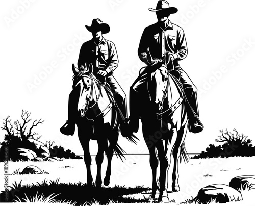 Cowboys horseback riding silhouettes, western ranch riders on horses desert landscape black silhouette illustration vintage wild west scene artwork