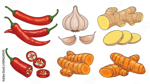 Assorted spices and ingredients arranged in a grid pattern on a plain background