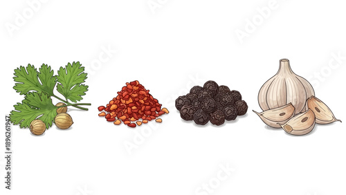 Fresh parsley, red pepper flakes, peppercorns, and garlic on a clean white surface from a straightforward view