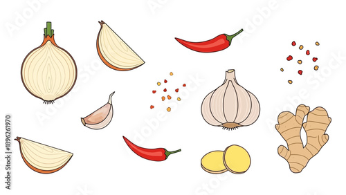 Spices and ingredients arranged on a clean white background from an overhead viewpoint