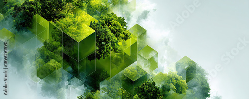 Futuristic digital background representing ecology, forest growth and sustainable technology