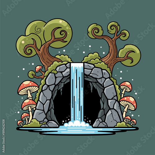 Cartoon Cave Entrance with Waterfall, Trees & Mushrooms. Whimsical Nature Illustration.