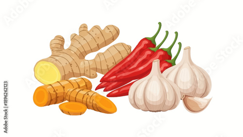 Assorted spices and ingredients including ginger, chili peppers, and garlic cloves arranged together on a white background