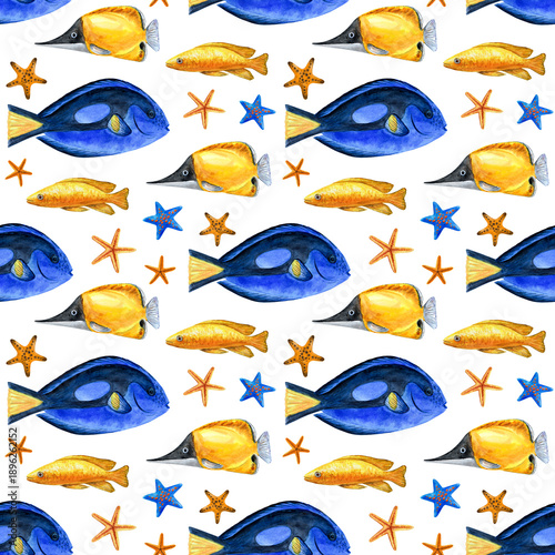 Underwater world, blue and yellow fish, starfish, watercolor seamless pattern on a white background. Nautical style, hand-drawn illustration.