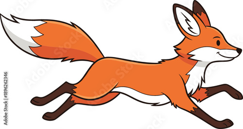 Cute red fox character running with a bushy tail and white fur accents isolated on a white background flat vector illustration.