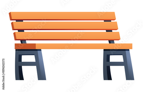 Empty wooden park chair bench with metal legs for garden and outdoor relaxation. Vector cartoon illustration