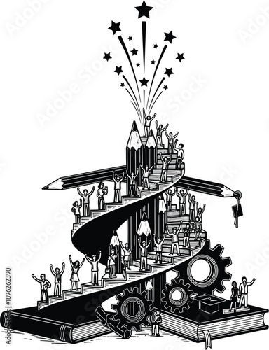 Linocut achievement carnival of compasses globes drafting tools with celebrating figures symbolizing progress creativity success