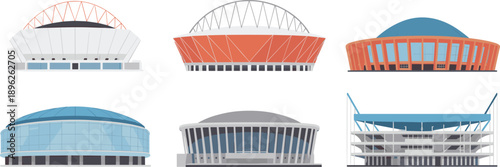 Modern stadium and arena architecture collection, sports venues, domed arenas, exterior facades, vector illustration set, isolated on white background designs