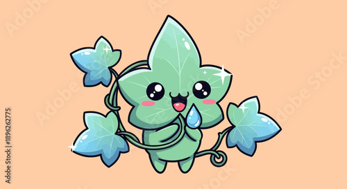Cute Kawaii Ivy Leaf Character with Water Droplet