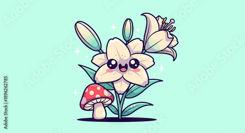Cute Kawaii Lily Flower with Mushroom and Sparkles Vector