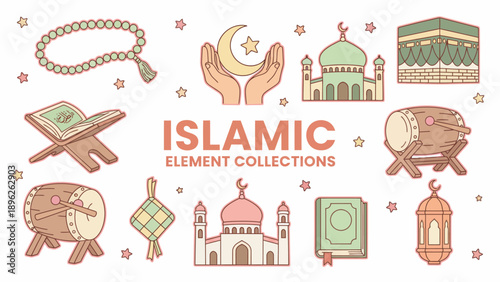 Collection of Islamic elements including mosques, prayer beads, and sacred books on display