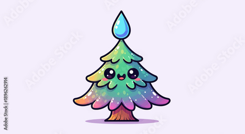 Cute Kawaii Christmas Tree with Rainbow Gradient and Water Droplet