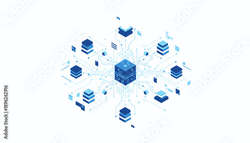 Network of interconnected servers and databases in a digital landscape.