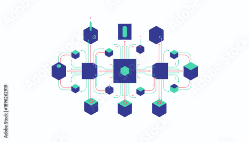 Network diagram with interconnected cubes and spheres in blue and green.