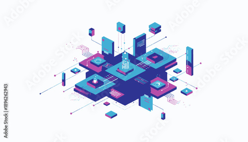 Isometric digital landscape with futuristic devices and abstract shapes.