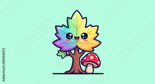 Cute Rainbow Leaf Tree with Mushroom Kawaii Style