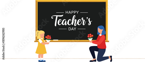 Happy Teacher's Day celebration illustration featuring a young student girl giving flowers to her female teacher in front of a blackboard vector.