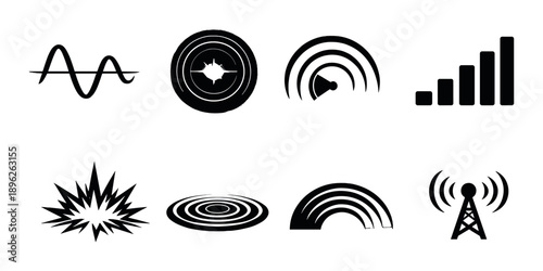 Black and gray signal and sound icons on gradient background