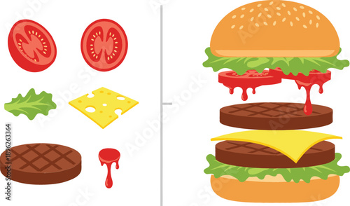 Deconstructed delicious double cheeseburger infographic showing ingredients like beef patty cheese tomato lettuce and bun isolated on white background flat vector illustration.