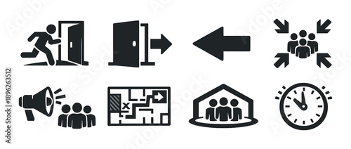 Emergency evacuation symbols with exit, assembly point, plan, and clock icons