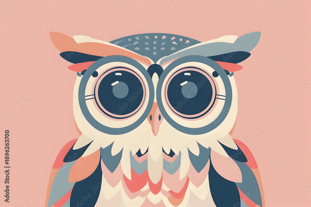 Fototapeta premium Stylized owl with oversized futuristic glasses on pink background