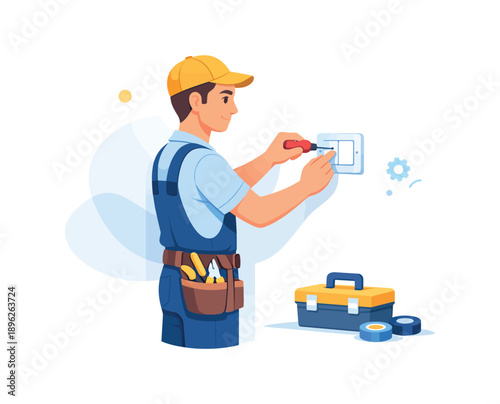 Electrician installing socket with screwdriver, flat vector illustration